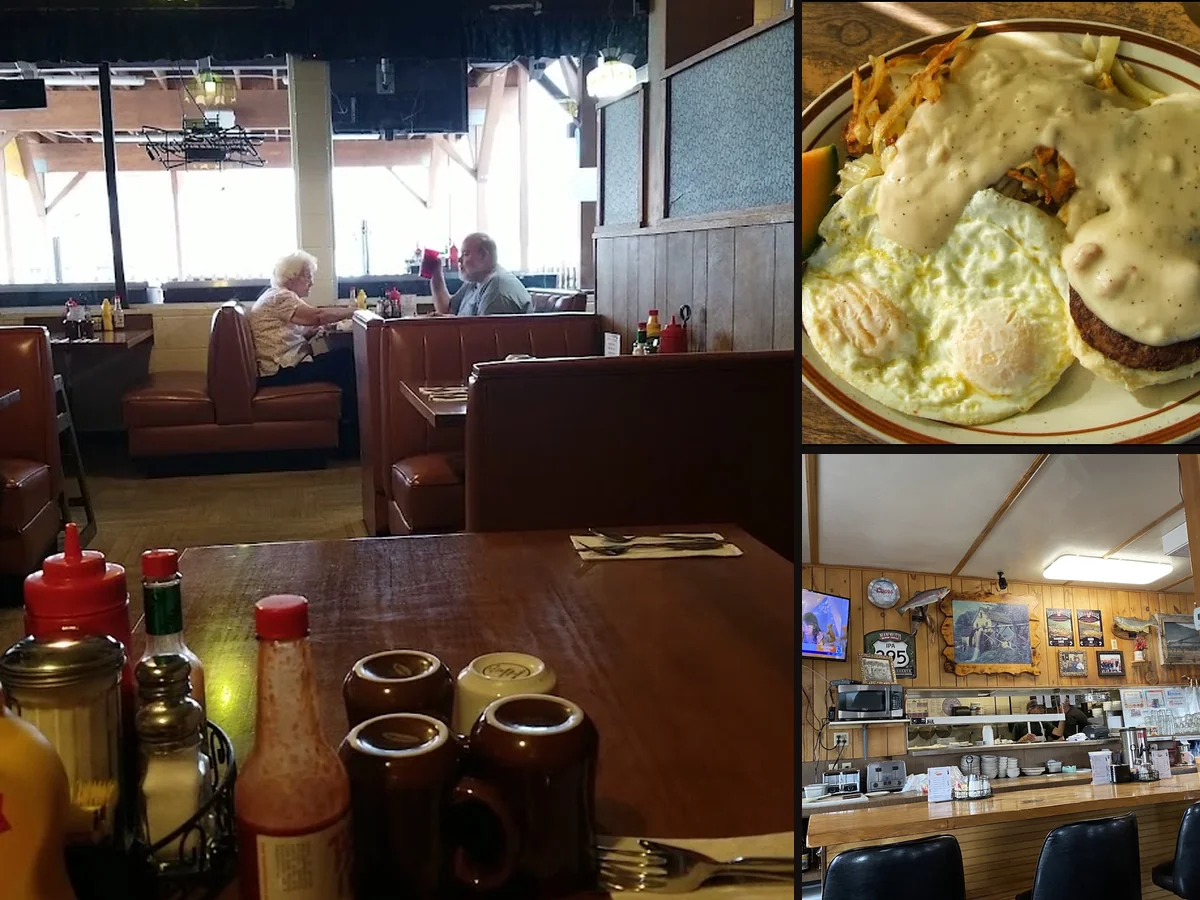 Casual American restaurant dining room with booth seating.